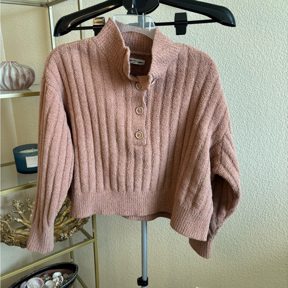 LA Hearts Pink Chenille Ribbed Mock Neck Henley Sweater Size Small
